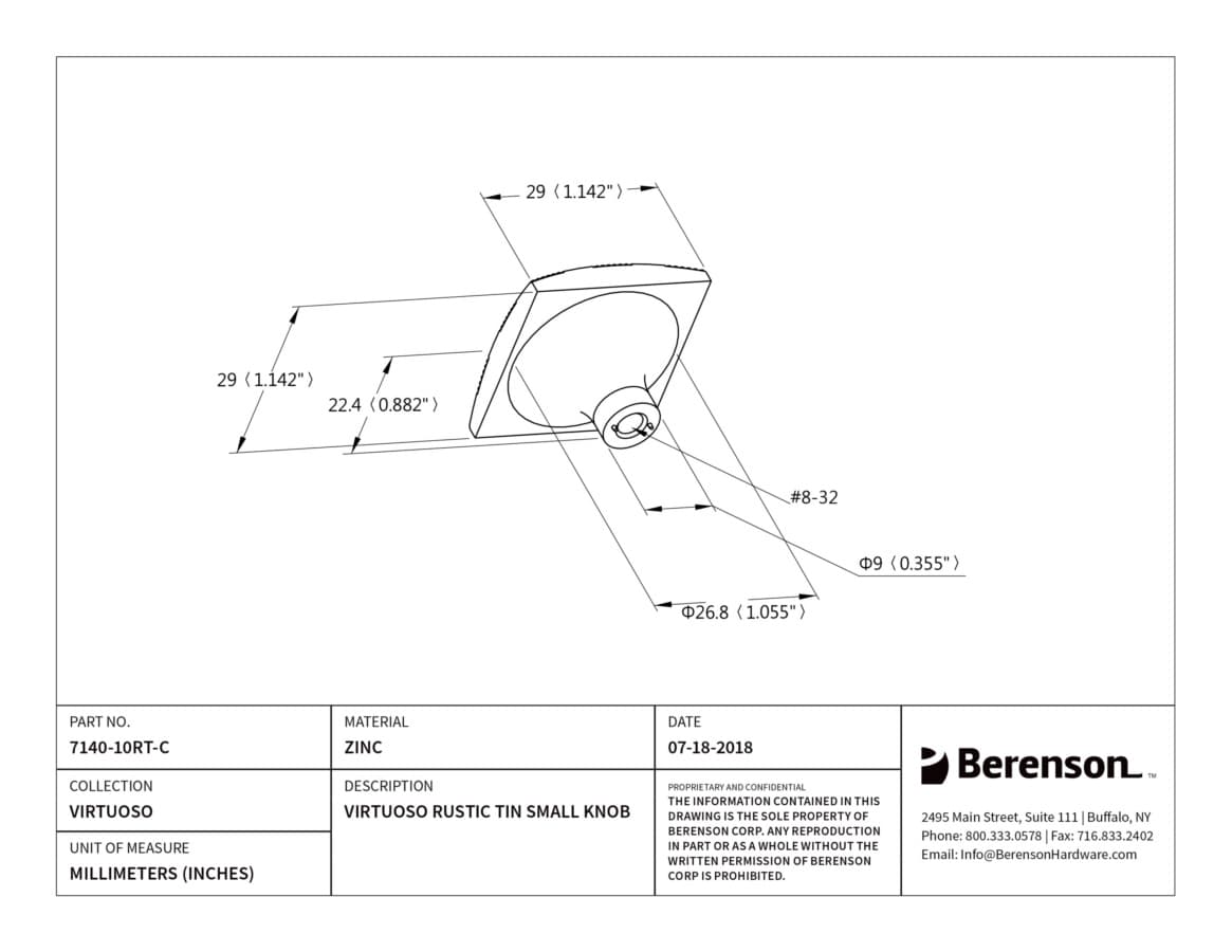 Berenson Virtuoso Rustic Tin 1-1/8" (28.5 mm) L x 1-1/8" (29 mm) W Knob, 7140-10RT-C