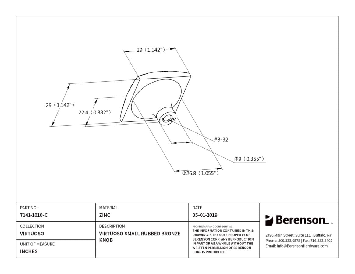 Berenson Virtuoso Rubbed Bronze 1-1/8" (28.5 mm) L x 1-1/8" (29 mm) W Knob, 7141-1010-C