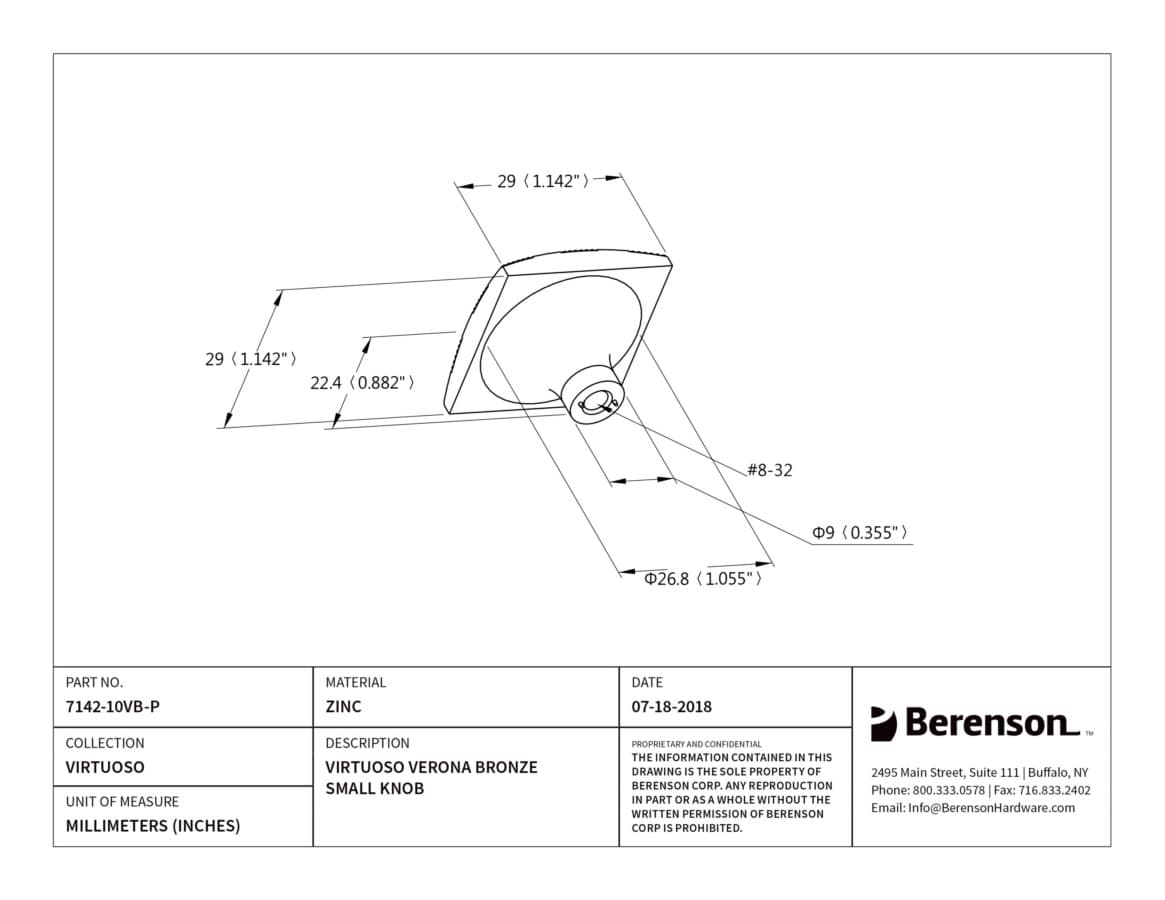 Berenson Virtuoso Verona Bronze 1-1/8" (28.5 mm) L x 1-1/8" (29 mm) W Knob, 7142-10VB-P