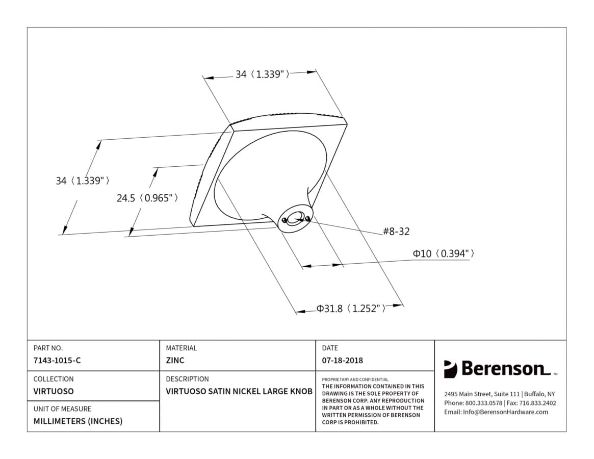 Berenson Virtuoso Satin Nickel 1-3/8" (35 mm) L x 1-3/8" (35 mm) W Knob, 7143-1015-C