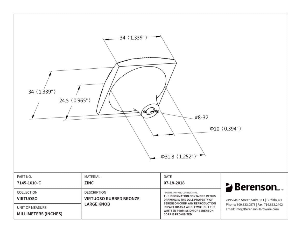 Berenson Virtuoso Rubbed Bronze 1-3/8" (35 mm) L x 1-3/8" (35 mm) W Knob, 7145-1010-C