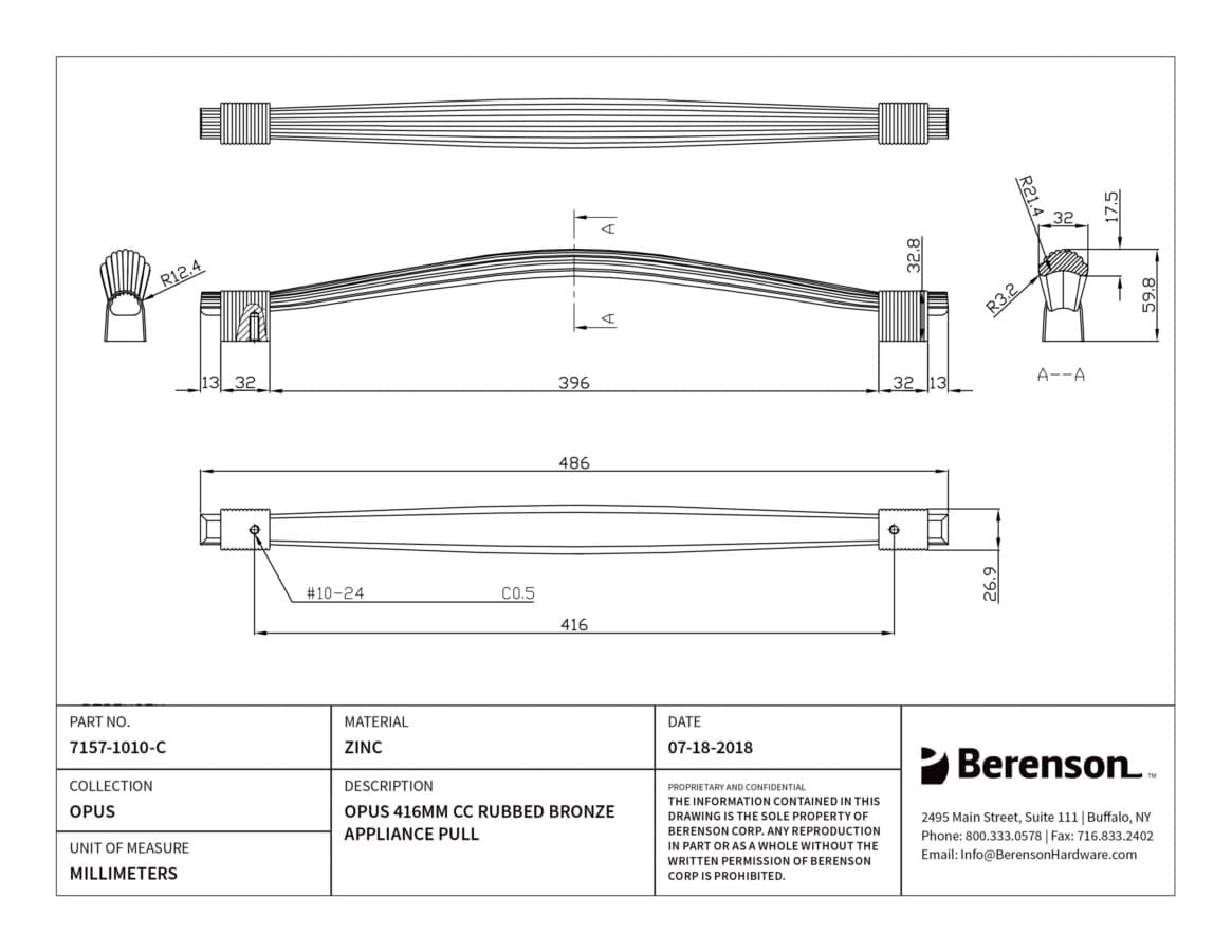 Berenson Opus Rubbed Bronze 16-3/8" (416 mm) Center to Center Appliance Pull, 7157-1010-C