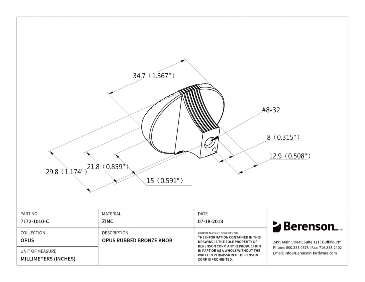 Berenson Opus Rubbed Bronze 1-3/8" (35 mm) L x 1-3/16" (30 mm) W Knob, 7172-1010-C