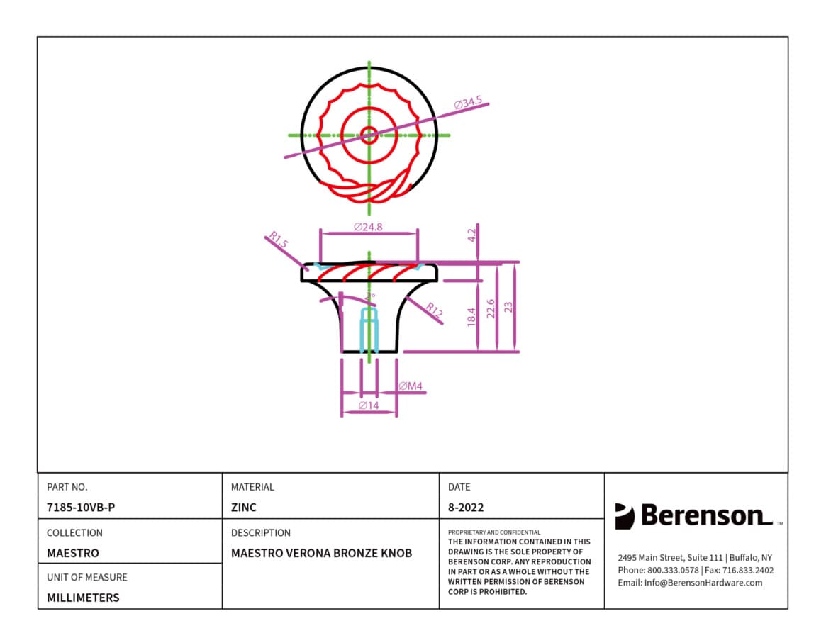 Berenson Maestro Verona Bronze 1-3/8" (35 mm) Diameter Knob, 7185-10VB-P