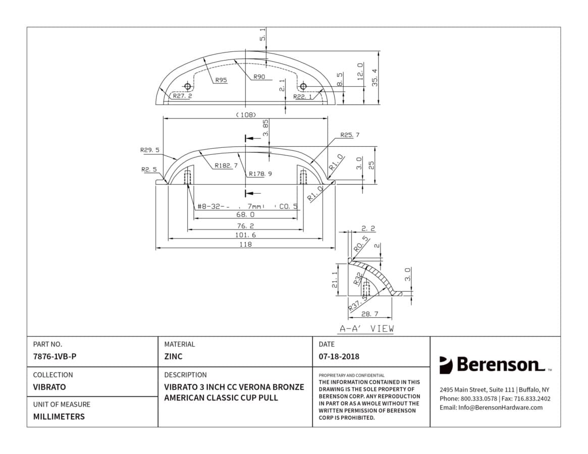 Berenson Vibrato 3" (76 mm) Center to Center Verona Bronze Cup Pull, 7876-1VB-P