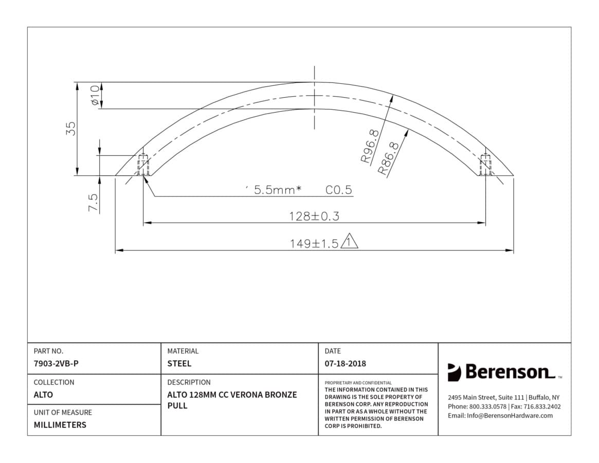 Berenson Alto 5-1/16" (128 mm) Center to Center Verona Bronze Pull, 7903-2VB-P
