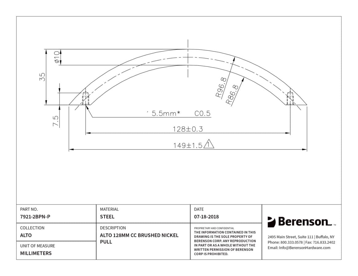 Berenson Alto 5-1/16" (128 mm) Center to Center Brushed Nickel Pull, 7921-2BPN-P