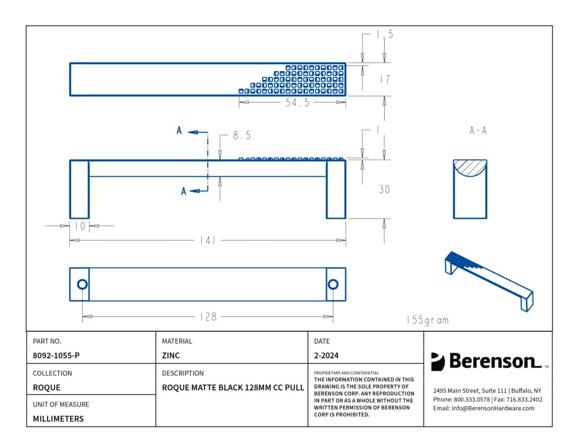 Berenson Rogue 5-1/16" (128 mm) Center to Center Matte Black Pull, 8092-1055-P