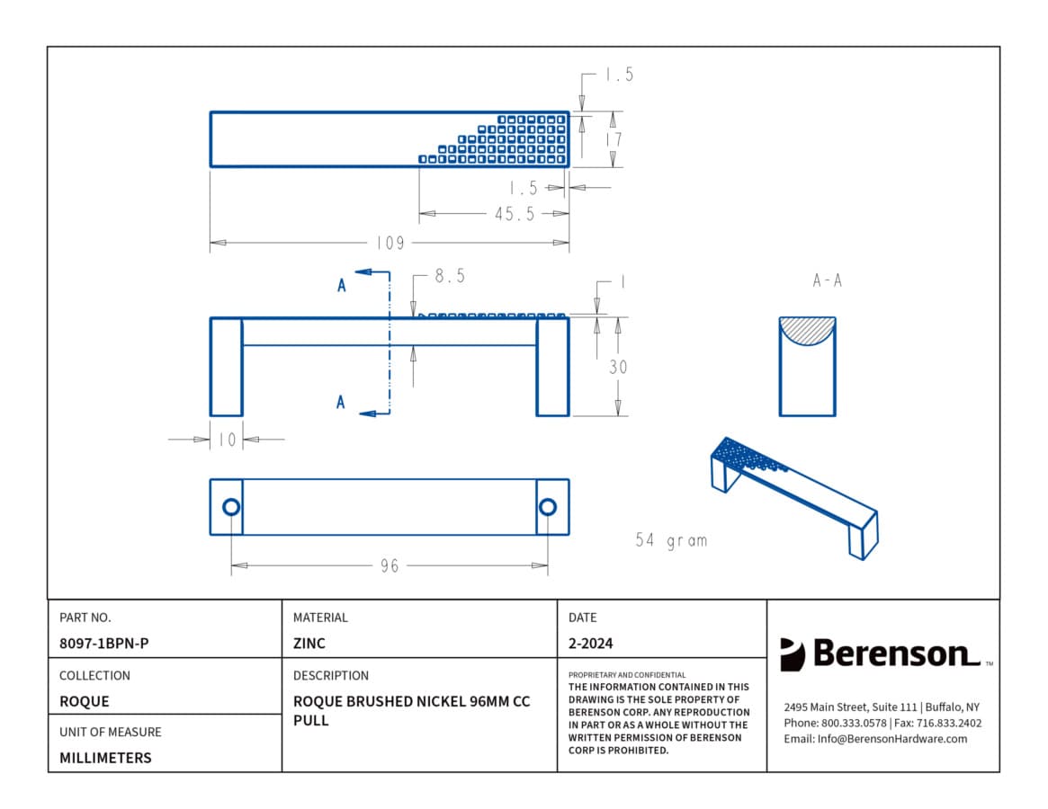 Berenson Rogue 3-3/4" (95 mm) Center to Center Brushed Nickel Pull, 8097-1BPN-P