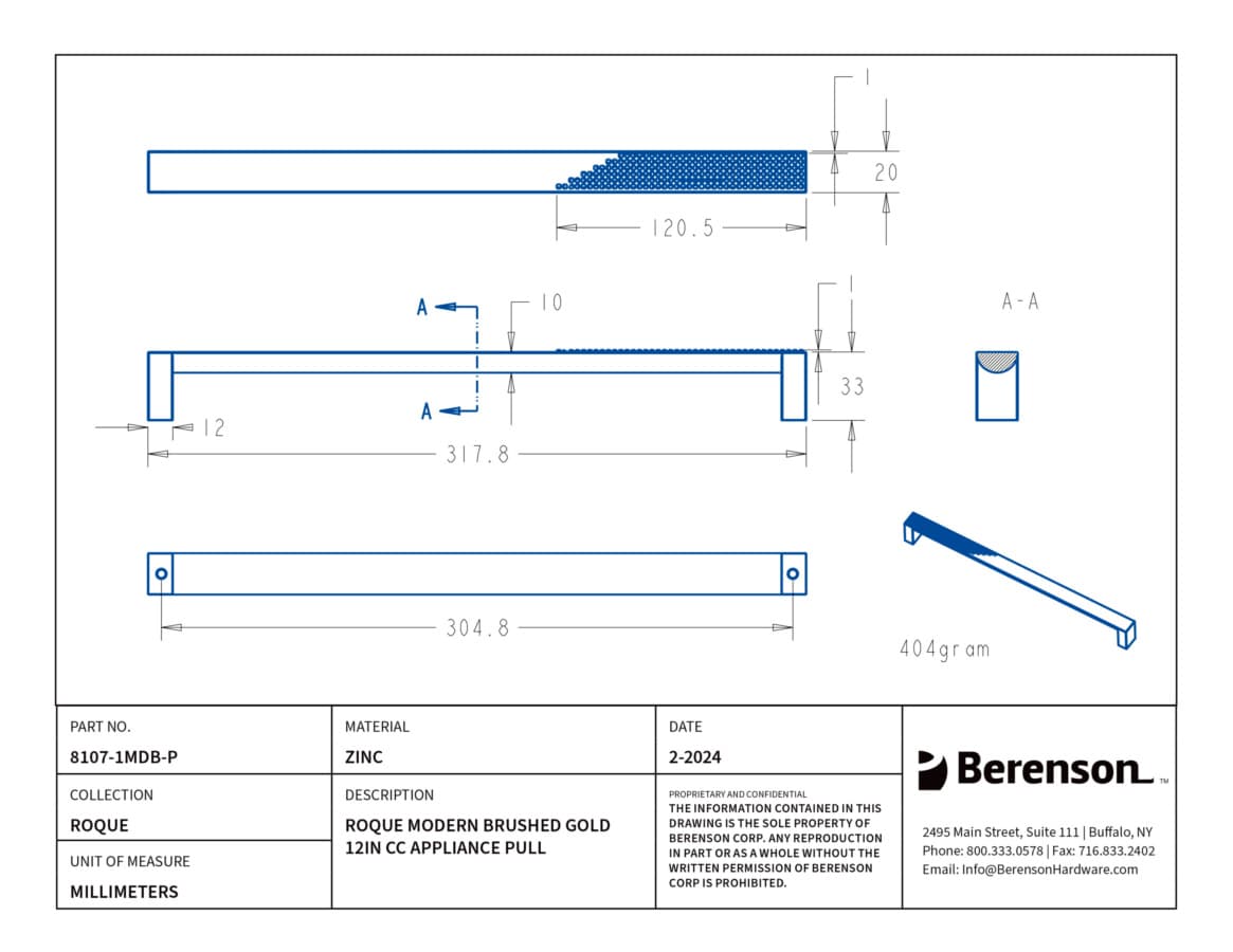 Berenson Rogue 12" (305 mm) Center to Center Modern Brushed Gold Pull, 8107-1MDB-P