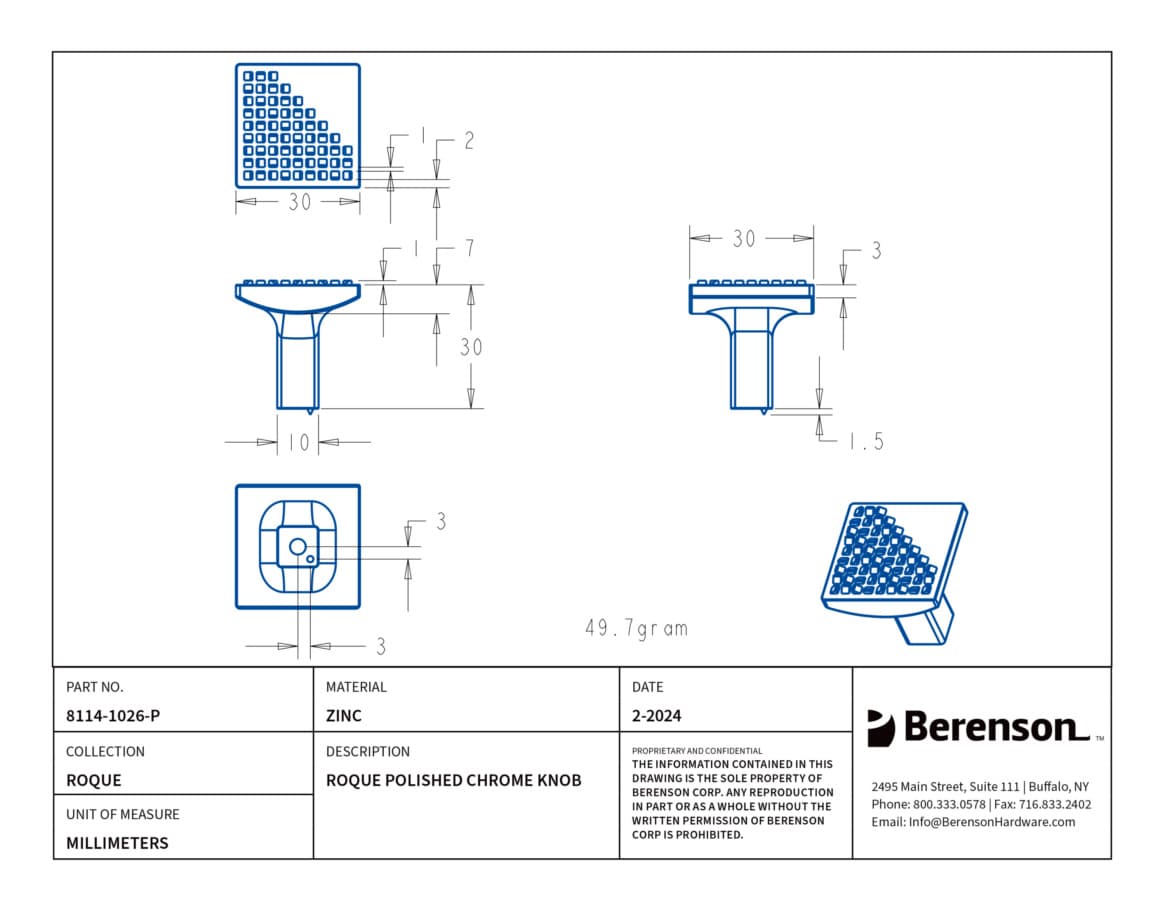 Berenson Rogue Polished Chrome 1-3/16" (30 mm) L x 1-3/16" (30 mm) W Knob, 8114-1026-P