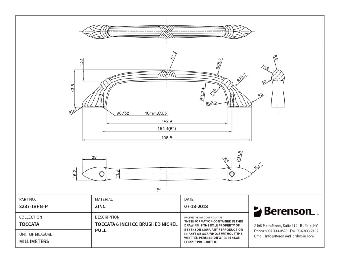 Berenson Toccata 6" (152 mm) Center to Center Brushed Nickel Pull, 8237-1BPN-P