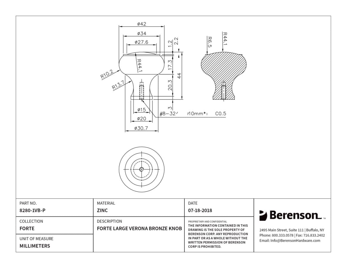 Berenson Forte Verona Bronze 1-11/16" (43 mm) Diameter Knob, 8280-1VB-P