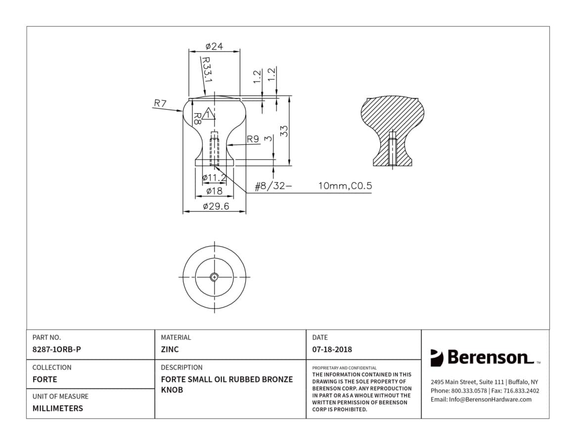 Berenson Forte Oil Rubbed Bronze 1-1/4" (32 mm) Diameter Knob, 8287-1ORB-P