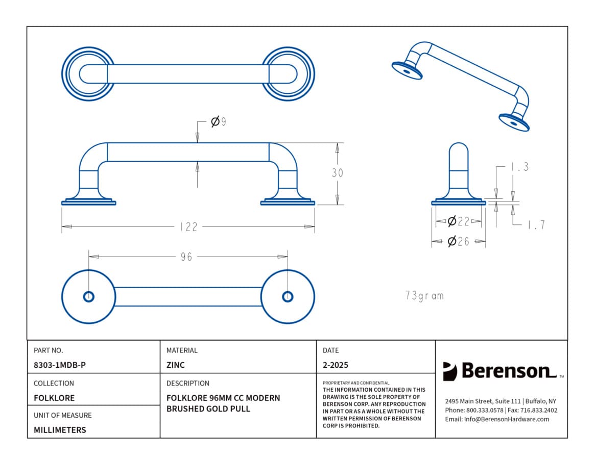 Berenson Folklore Series 3-3/4" (96 mm) Center to Center Modern Brushed Gold Pull, 8303-1MDB-P