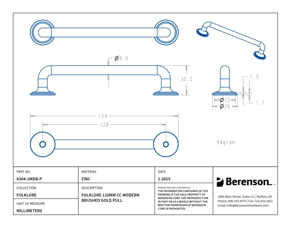 Berenson Folklore Series 5-1/16" (128 mm) Center to Center Modern Brushed Gold Pull, 8304-1MDB-P