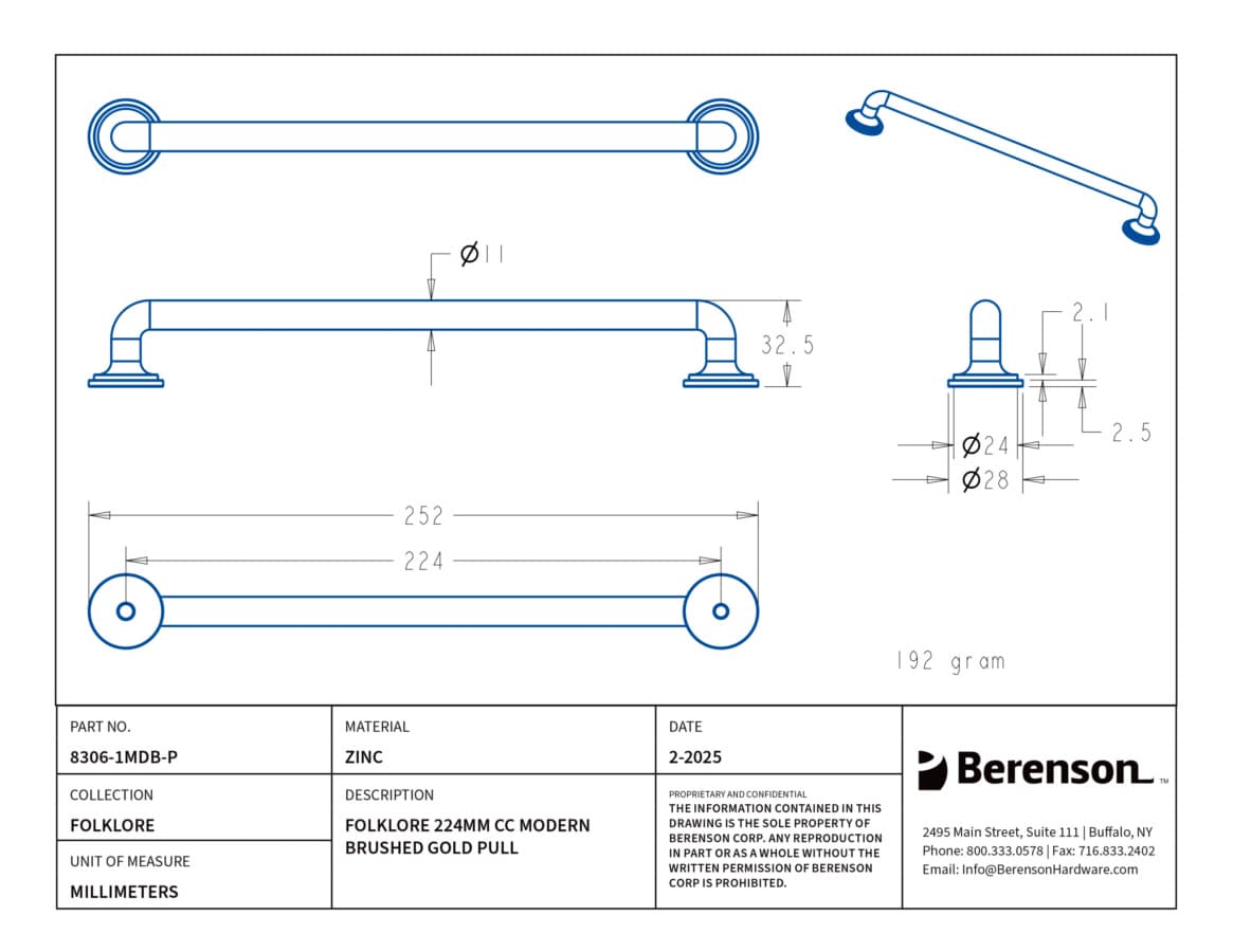 Berenson Folklore Series 8-13/16" (224 mm) Center to Center Modern Brushed Gold Pull, 8306-1MDB-P