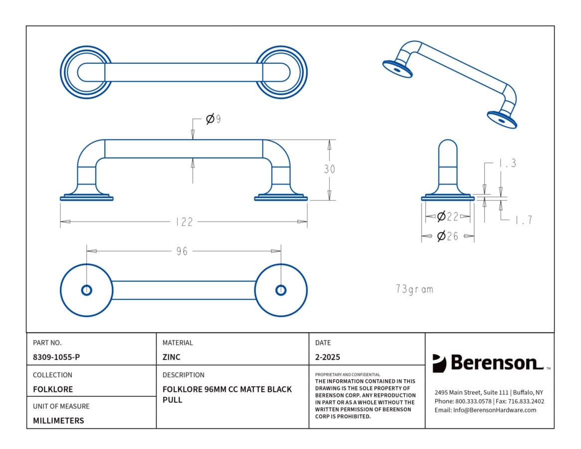 Berenson Folklore Series 3-3/4" (96 mm) Center to Center Matte Black Pull, 8309-1055-P