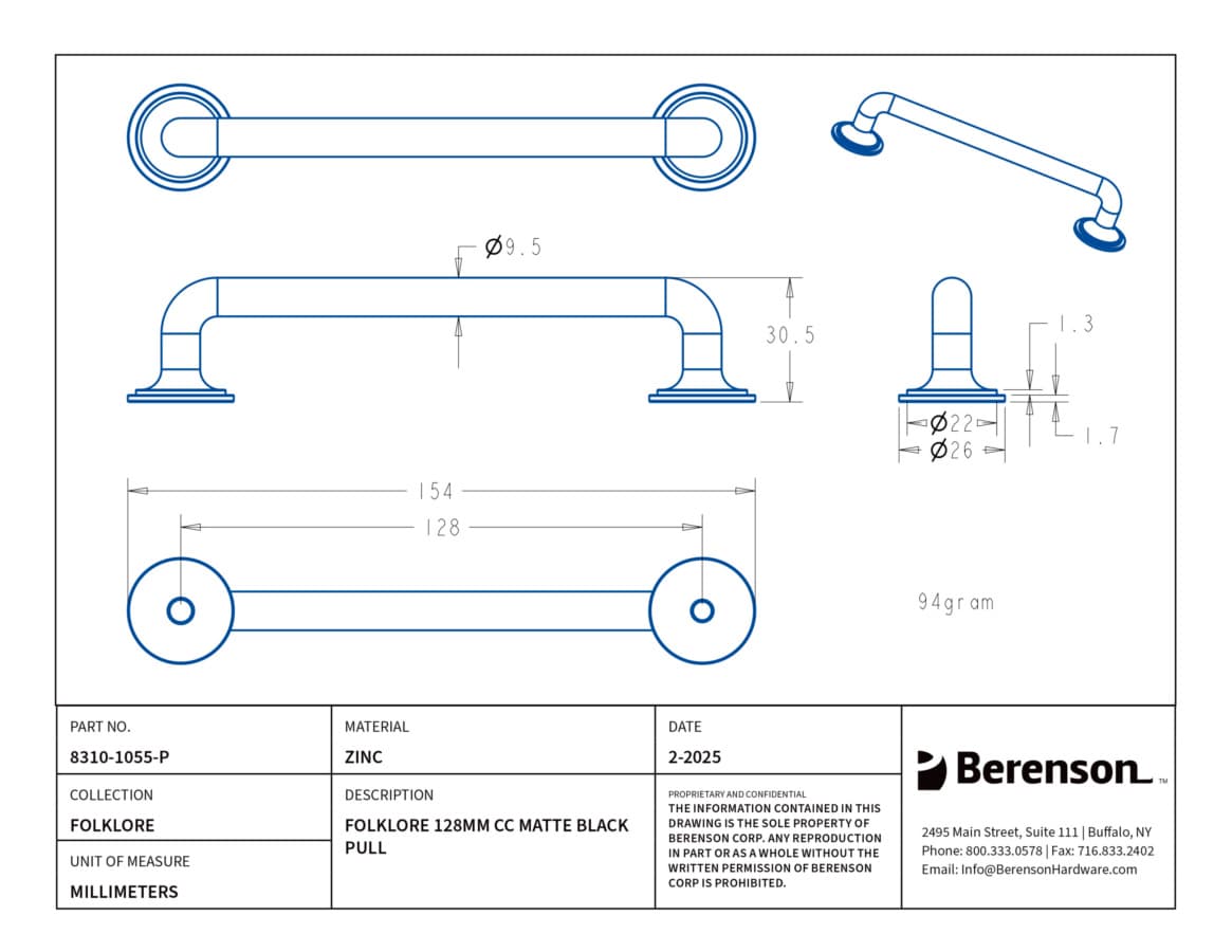 Berenson Folklore Series 5-1/16" (128 mm) Center to Center Matte Black Pull, 8310-1055-P