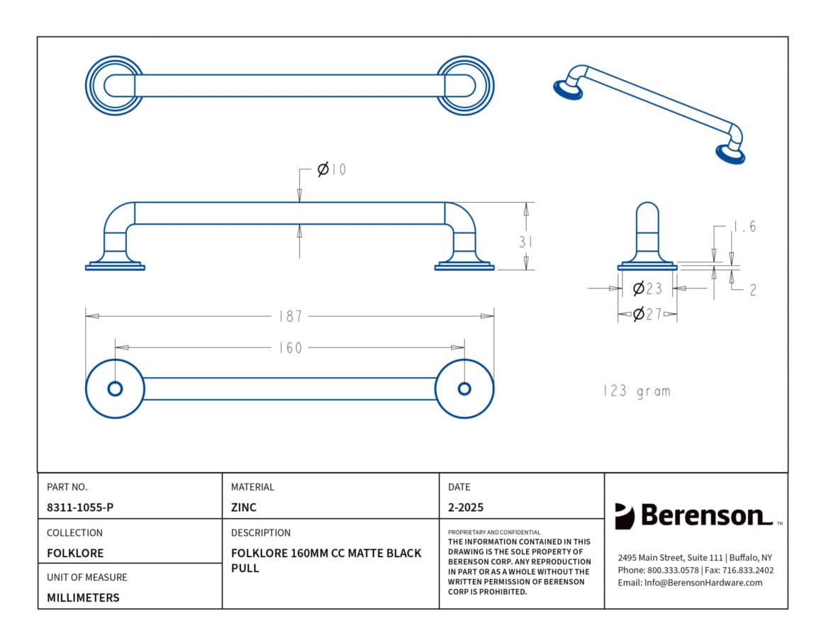 Berenson Folklore Series 6-5/16" (160 mm) Center to Center Matte Black Pull, 8311-1055-P
