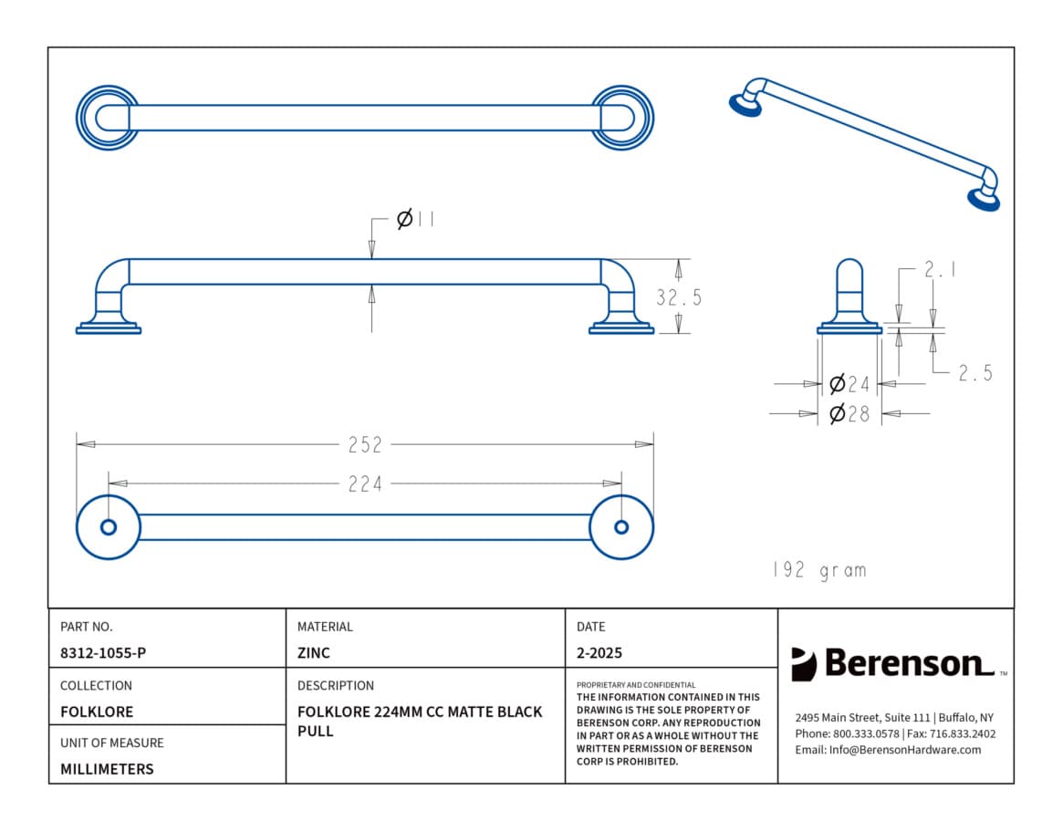 Berenson Folklore Series 8-13/16" (224 mm) Center to Center Matte Black Pull, 8312-1055-P