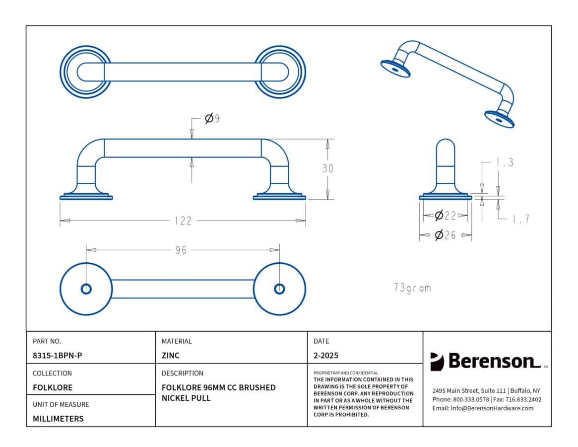 Berenson Folklore Series 3-3/4" (96 mm) Center to Center Brushed Nickel Pull, 8315-1BPN-P
