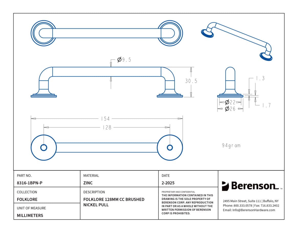 Berenson Folklore Series 5-1/16" (128 mm) Center to Center Brushed Nickel Pull, 8316-1BPN-P