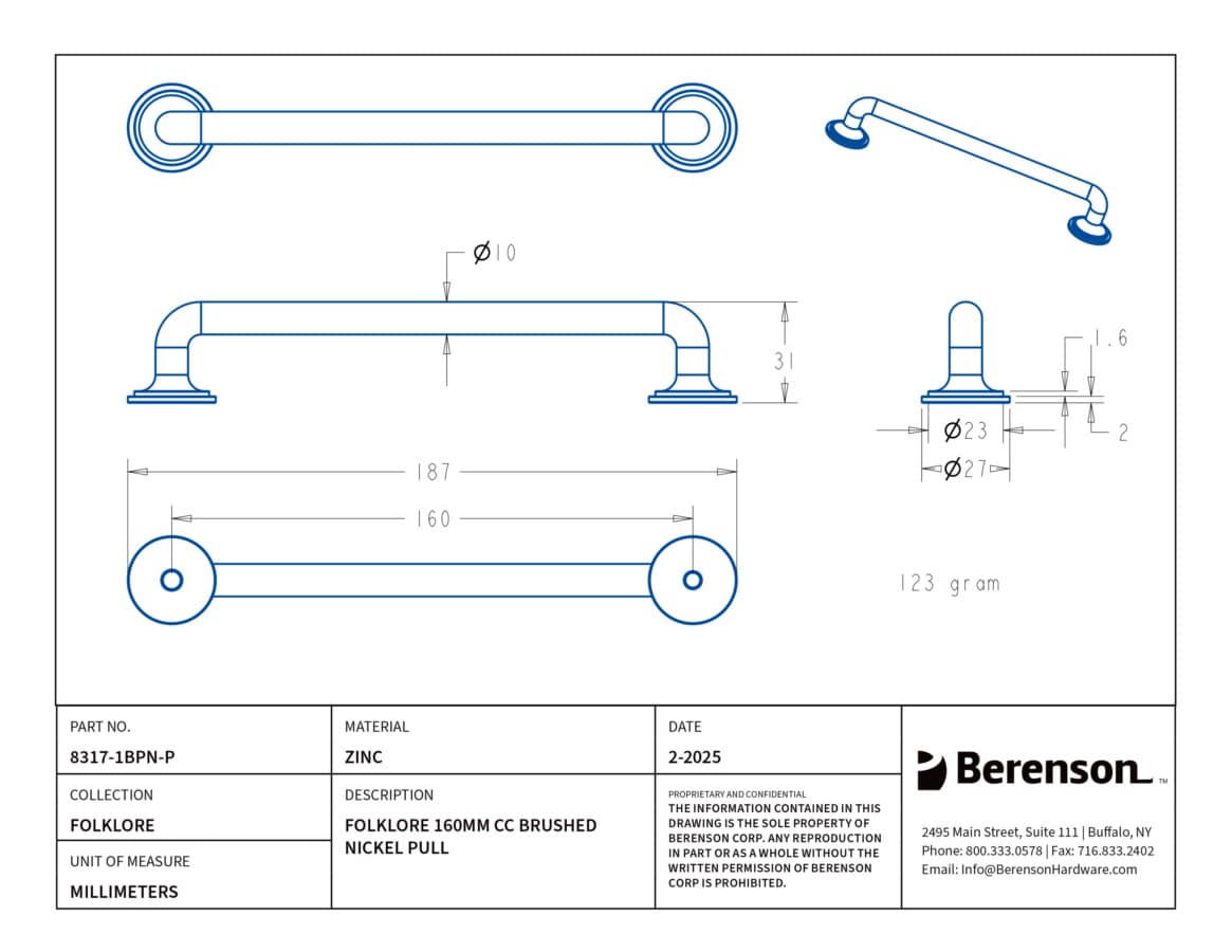 Berenson Folklore Series 6-5/16" (160 mm) Center to Center Brushed Nickel Pull, 8317-1BPN-P