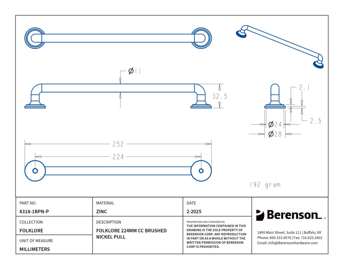 Berenson Folklore Series 8-13/16" (224 mm) Center to Center Brushed Nickel Pull, 8318-1BPN-P