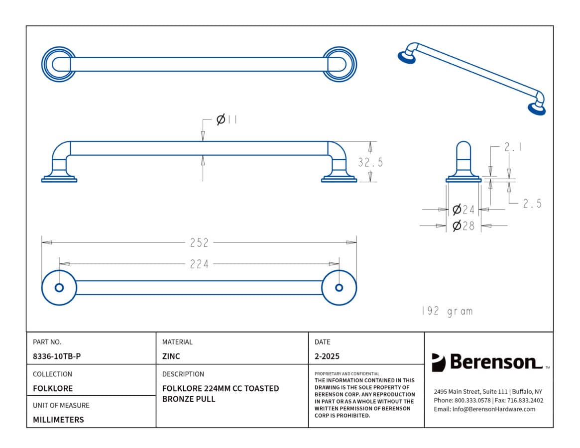Berenson Folklore Series 8-13/16" (224 mm) Center to Center Toasted Bronze Pull, 8336-10TB-P