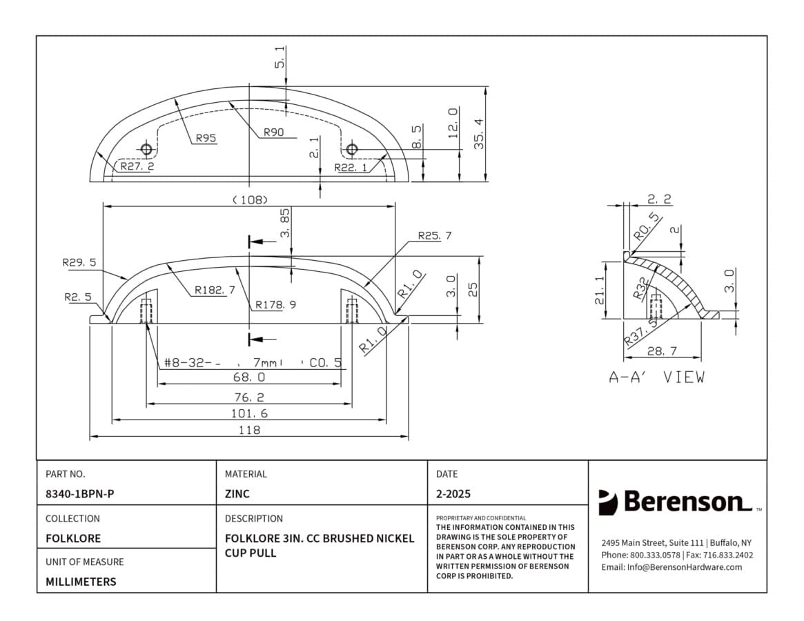 Berenson Folklore Series 3" (76 mm) Center to Center Brushed Nickel Cup Pull, 8340-1BPN-P