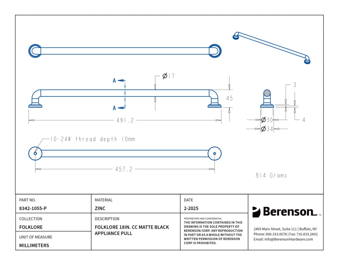 Berenson Folklore Series Matte Black 18" (457 mm) Center to Center Appliance Pull, 8342-1055-P