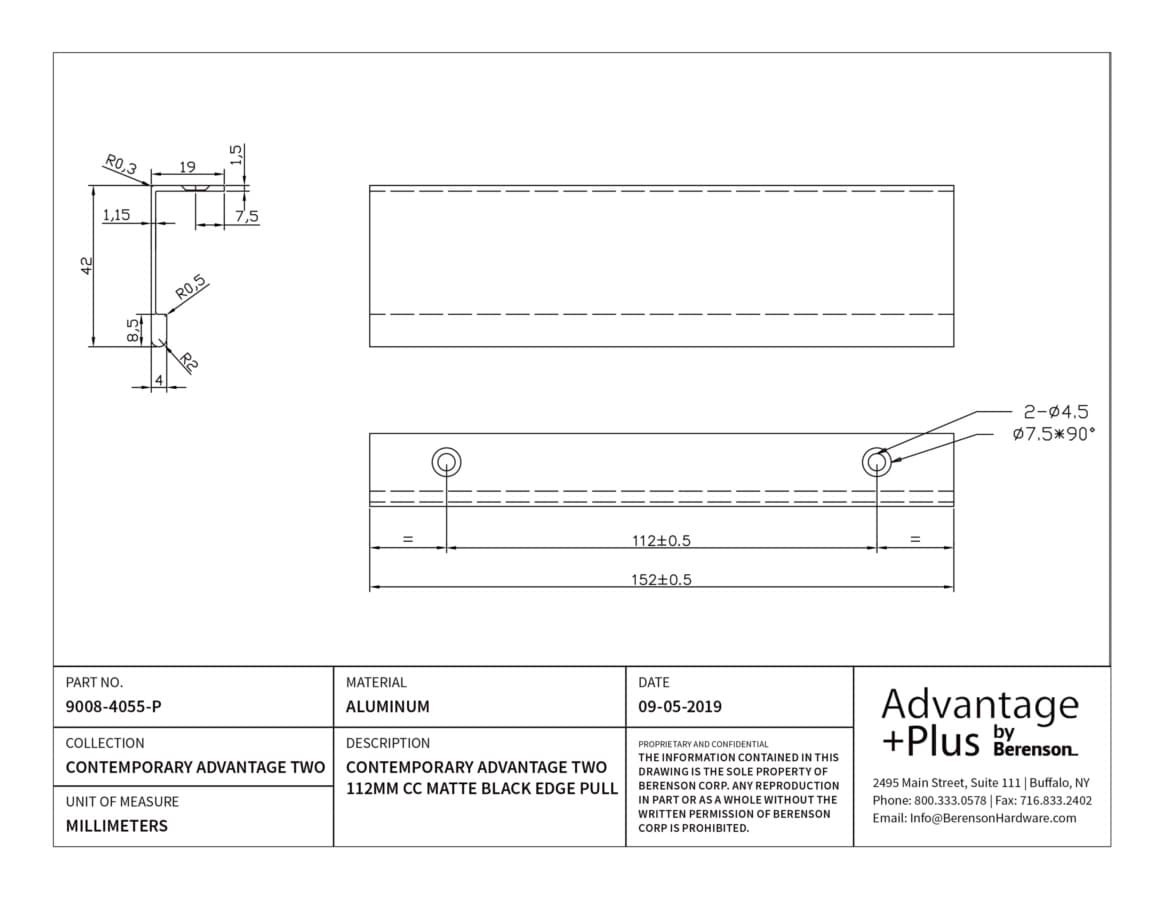 Berenson Edge Pull 4-7/16" (113 mm) Center to Center Matte Black Tab Pull, 9008-4055-P