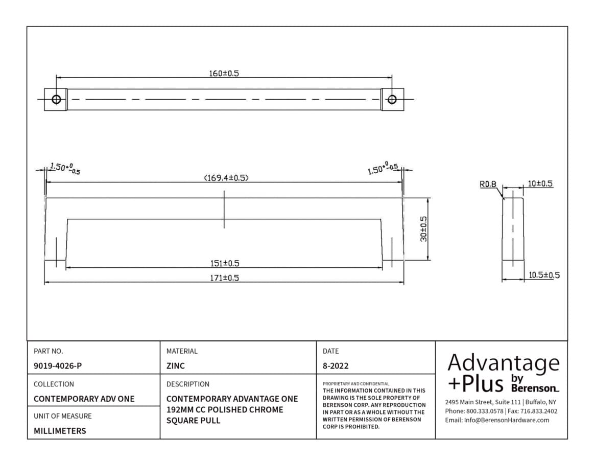 Berenson Modern Square 7-9/16" (192 mm) Center to Center Polished Chrome Pull, 9019-4026-P