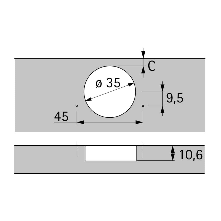 Hettich Intermat 9936 95˚ Opening Hinge, 45mm Bore Pattern, Self-Closing, Half Overlay, Nickel-Plated, Screw-On, detail 2