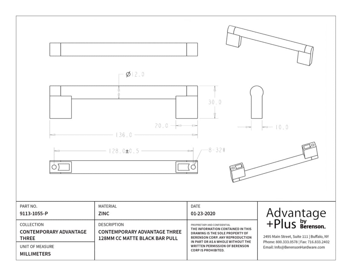 Berenson Contemporary Advantage Three 5-1/16" (128 mm) Center to Center Matte Black Pull, 9113-1055-P