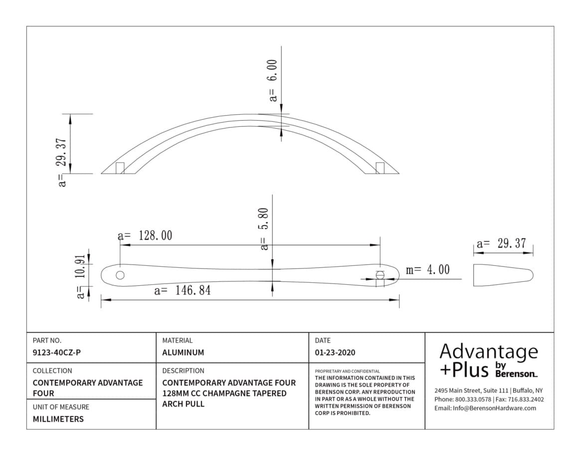 Berenson Contemporary Advantage Four 5-1/16" (128 mm) Center to Center Champagne Pull, 9123-40CZ-P