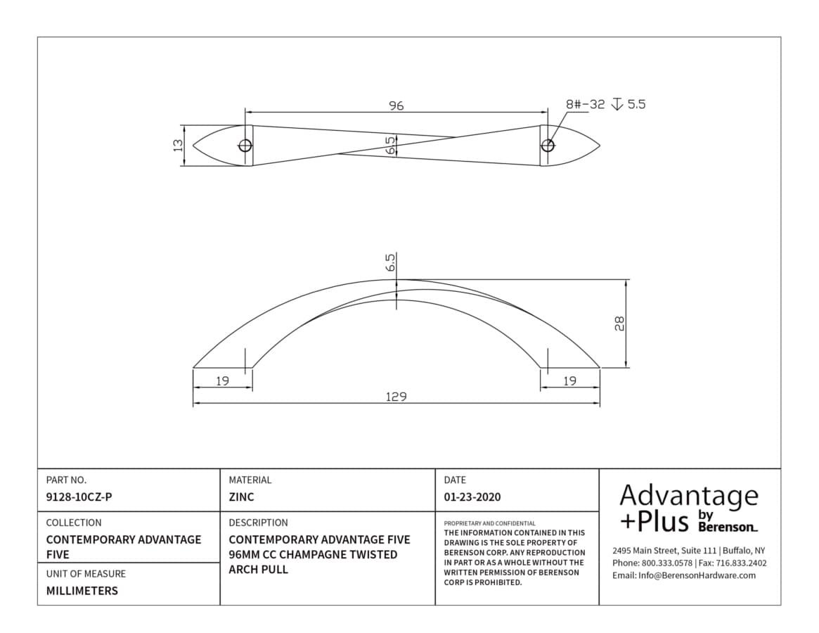 Berenson Contemporary Advantage Five 3-3/4" (96 mm) Center to Center Champagne Pull, 9128-10CZ-P