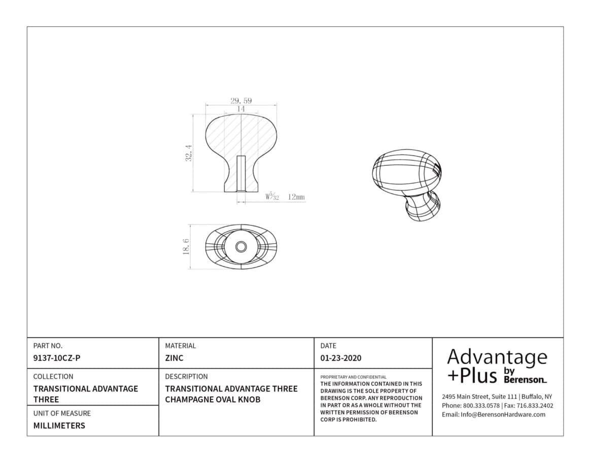 Berenson Transitional Advantage Three Champagne 1-1/8" (28.5 mm) L x 3/4" (19 mm) W Knob, 9137-10CZ-P