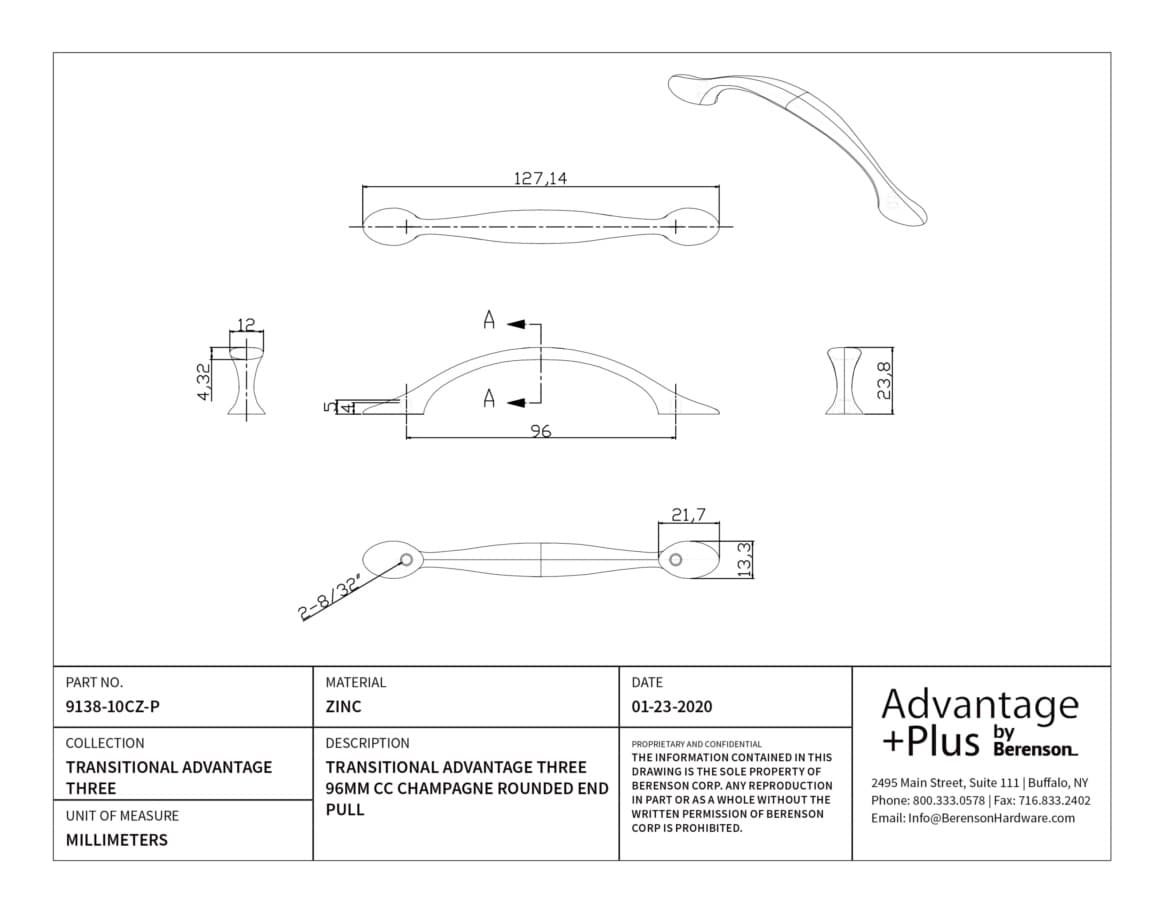 Berenson Transitional Advantage Three 3-3/4" (96 mm) Center to Center Champagne Pull, 9138-10CZ-P