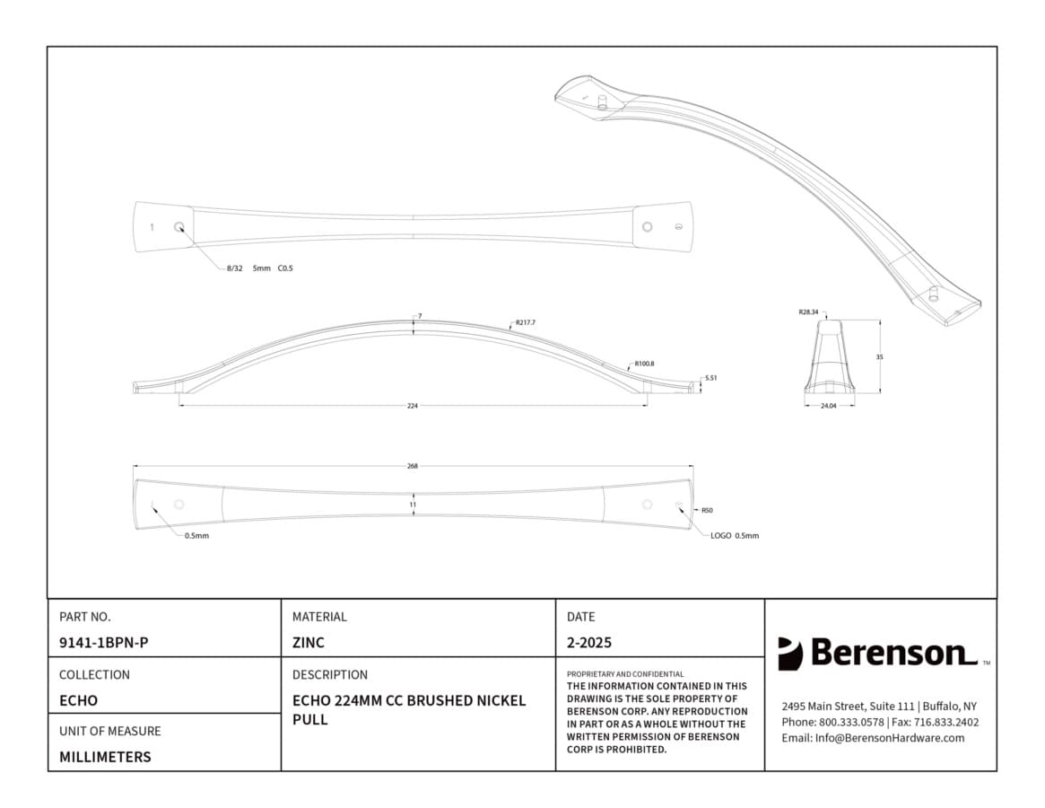 Berenson Echo Series 8-13/16" (224 mm) Center to Center Brushed Nickel Pull, 9141-1BPN-P