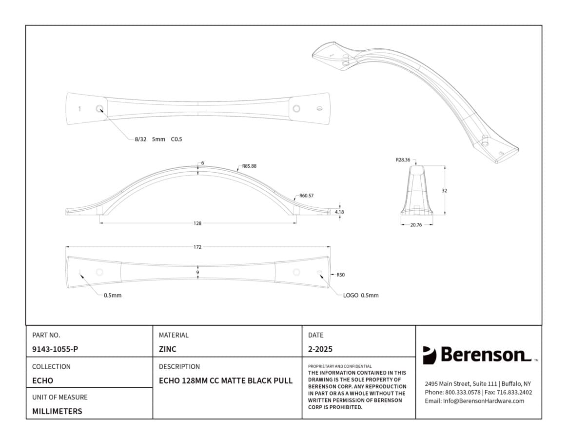 Berenson Echo Series 5-1/16" (128 mm) Center to Center Matte Black Pull, 9143-1055-P