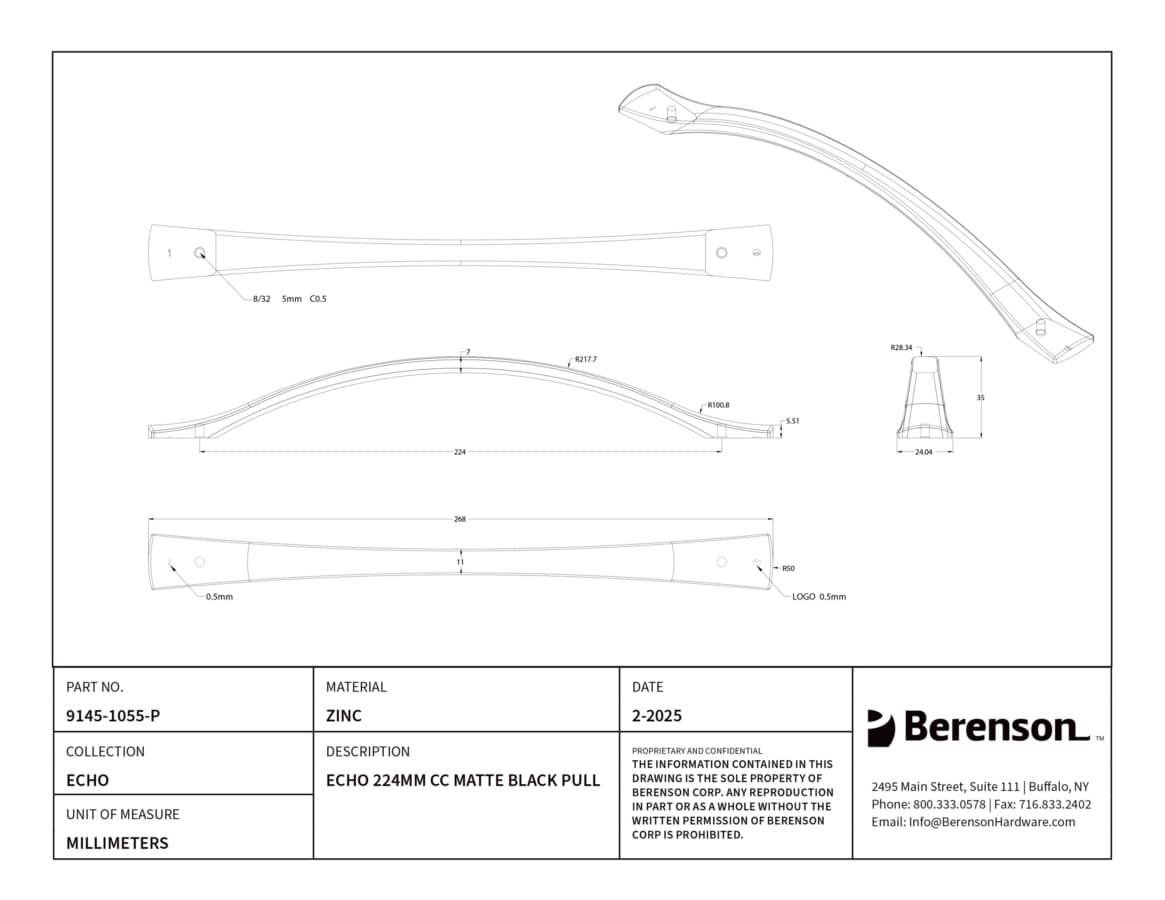 Berenson Echo Series 8-13/16" (224 mm) Center to Center Matte Black Pull, 9145-1055-P