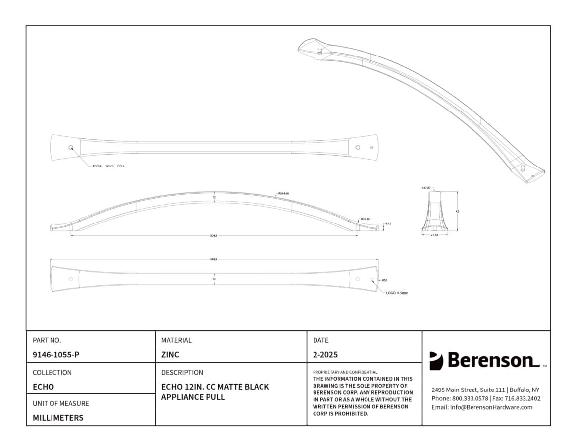 Berenson Echo Series Matte Black 12" (304 mm) Center to Center Appliance Pull, 9146-1055-P