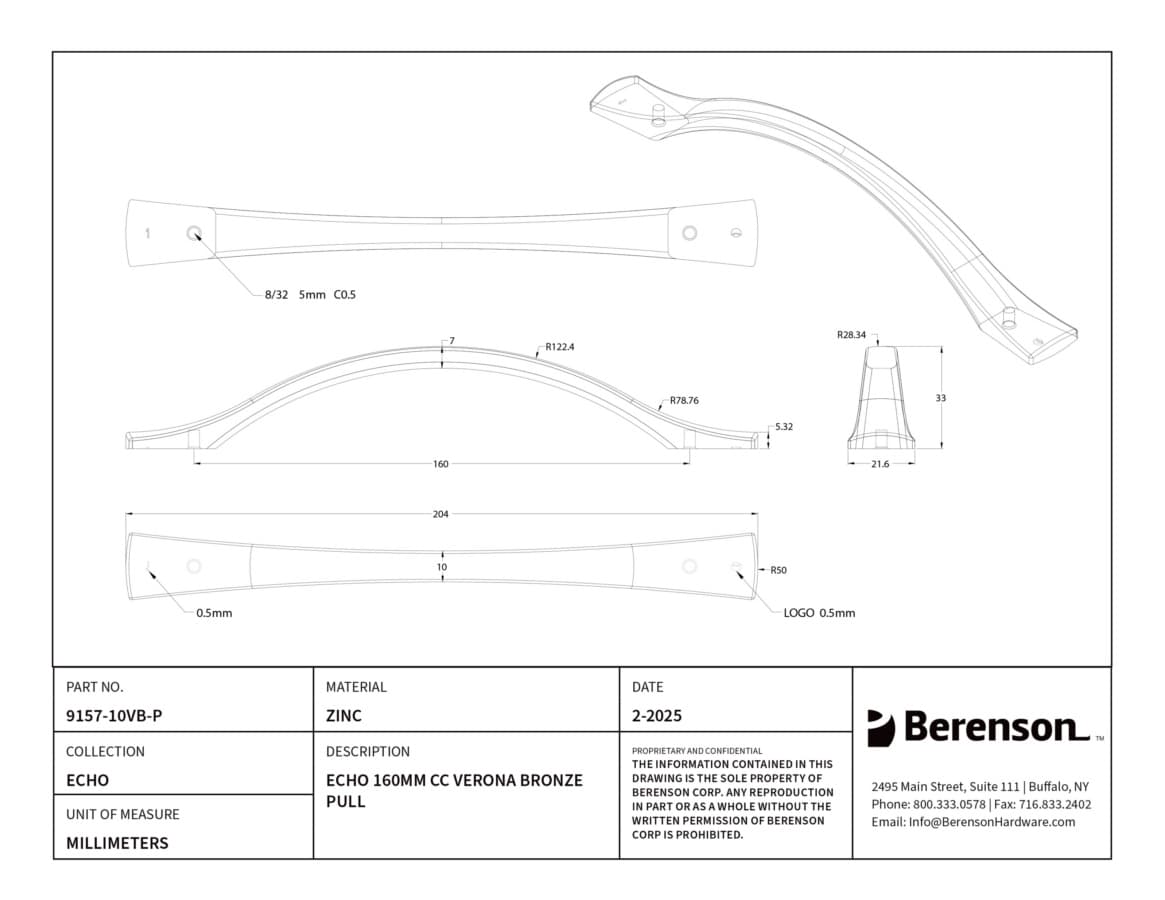 Berenson Echo Series 6-3/16" (160 mm) Center to Center Verona Bronze Pull, 9157-10VB-P