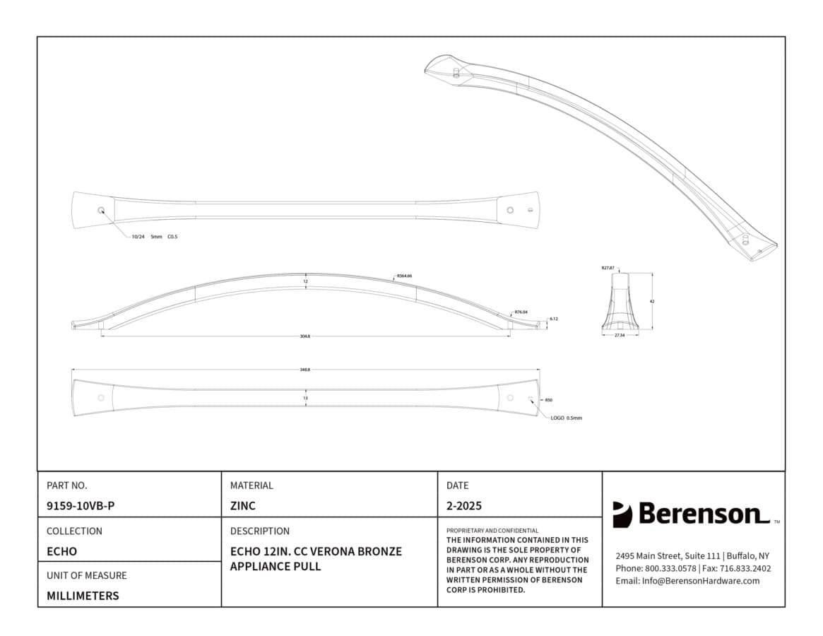 Berenson Echo Series Verona Bronze 12" (304 mm) Center to Center Appliance Pull, 9159-10VB-P