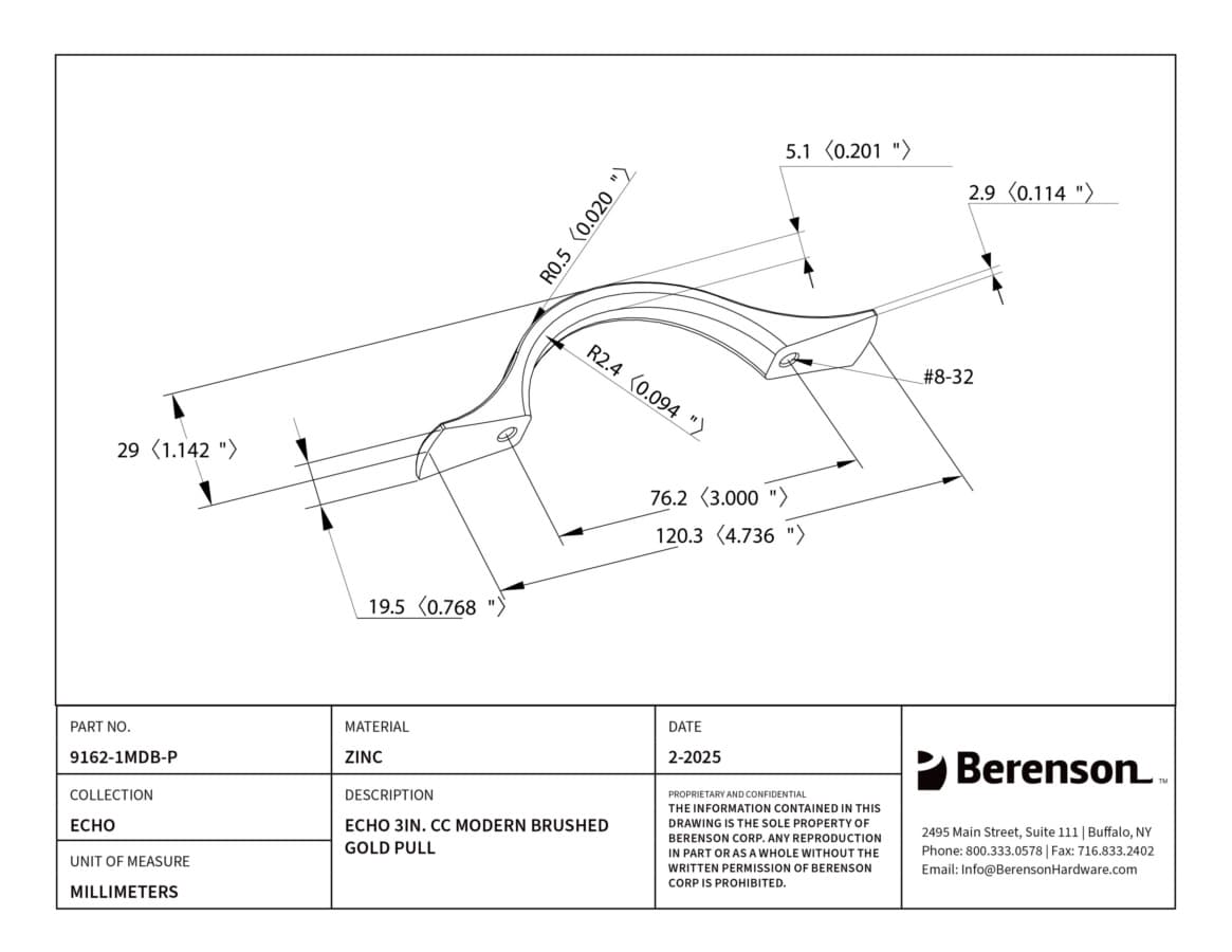 Berenson Echo Series 3" (76 mm) Center to Center Modern Brushed Gold Pull, 9162-1MDB-P