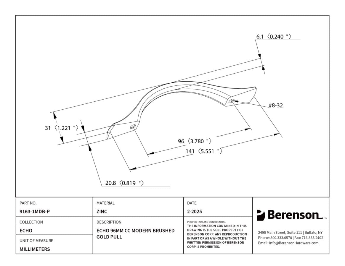 Berenson Echo Series 3-3/4" (96 mm) Center to Center Modern Brushed Gold Pull, 9163-1MDB-P