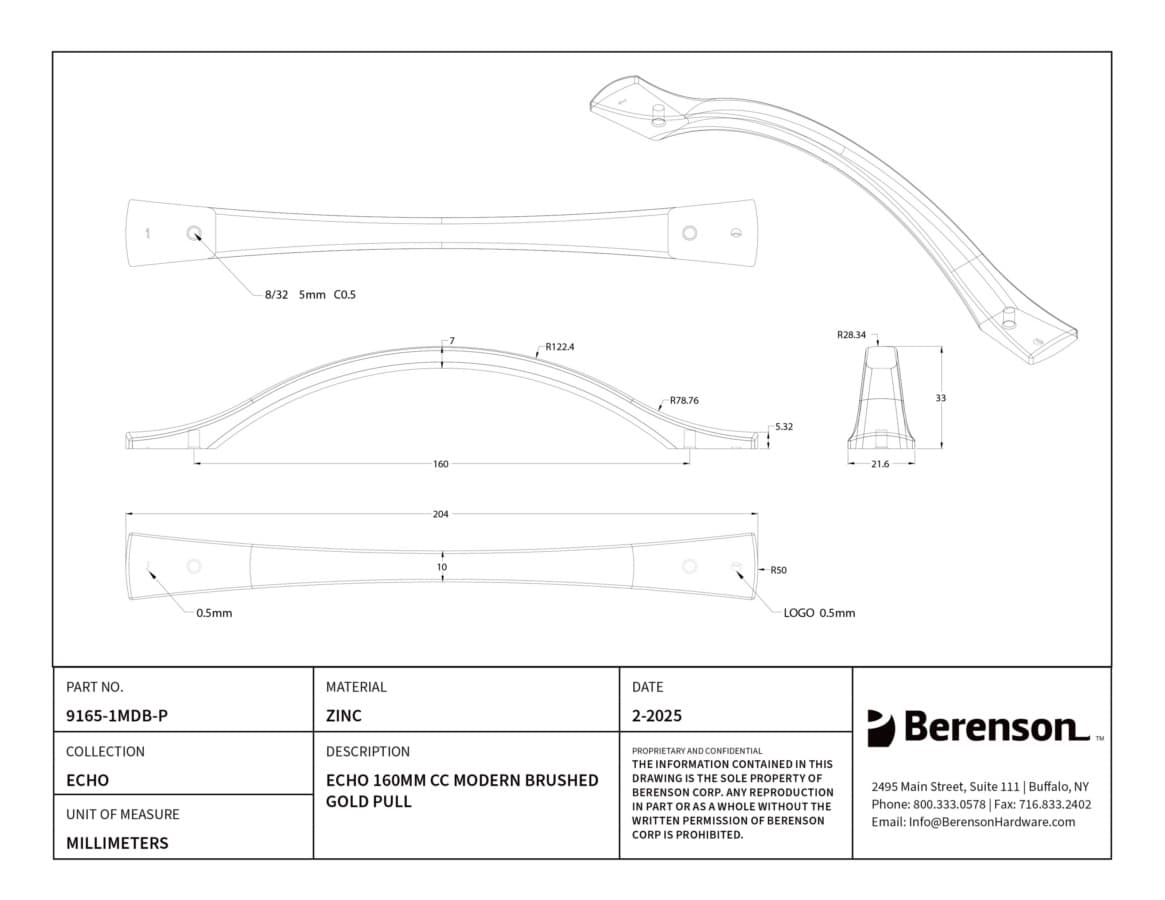 Berenson Echo Series 6-3/16" (160 mm) Center to Center Modern Brushed Gold Pull, 9165-1MDB-P