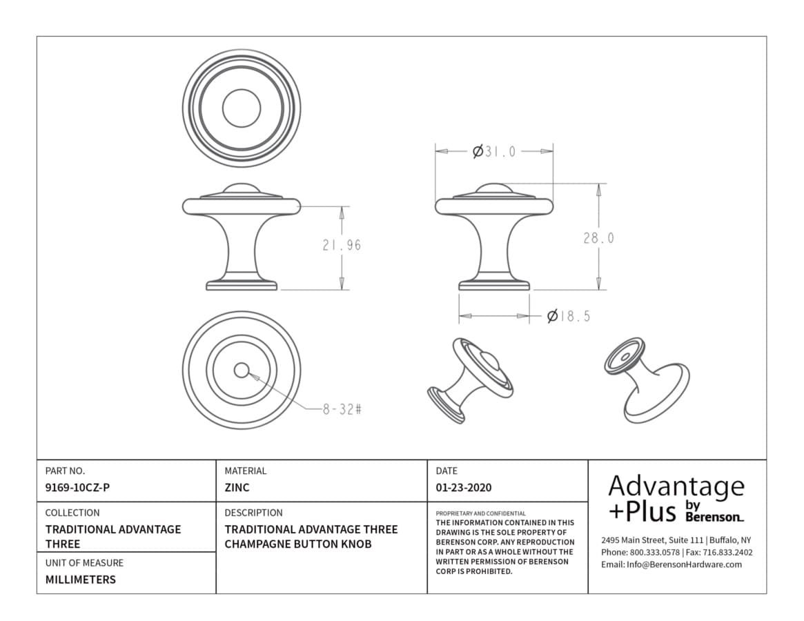 Berenson Traditional Advantage Three Champagne 1-1/4" (32 mm) Diameter Knob, 9169-10CZ-P